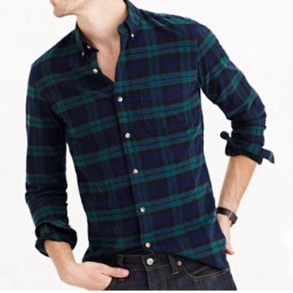 J Crew Black Watch Plaid Navy/Green Oxford Button up Shirt size medium slim